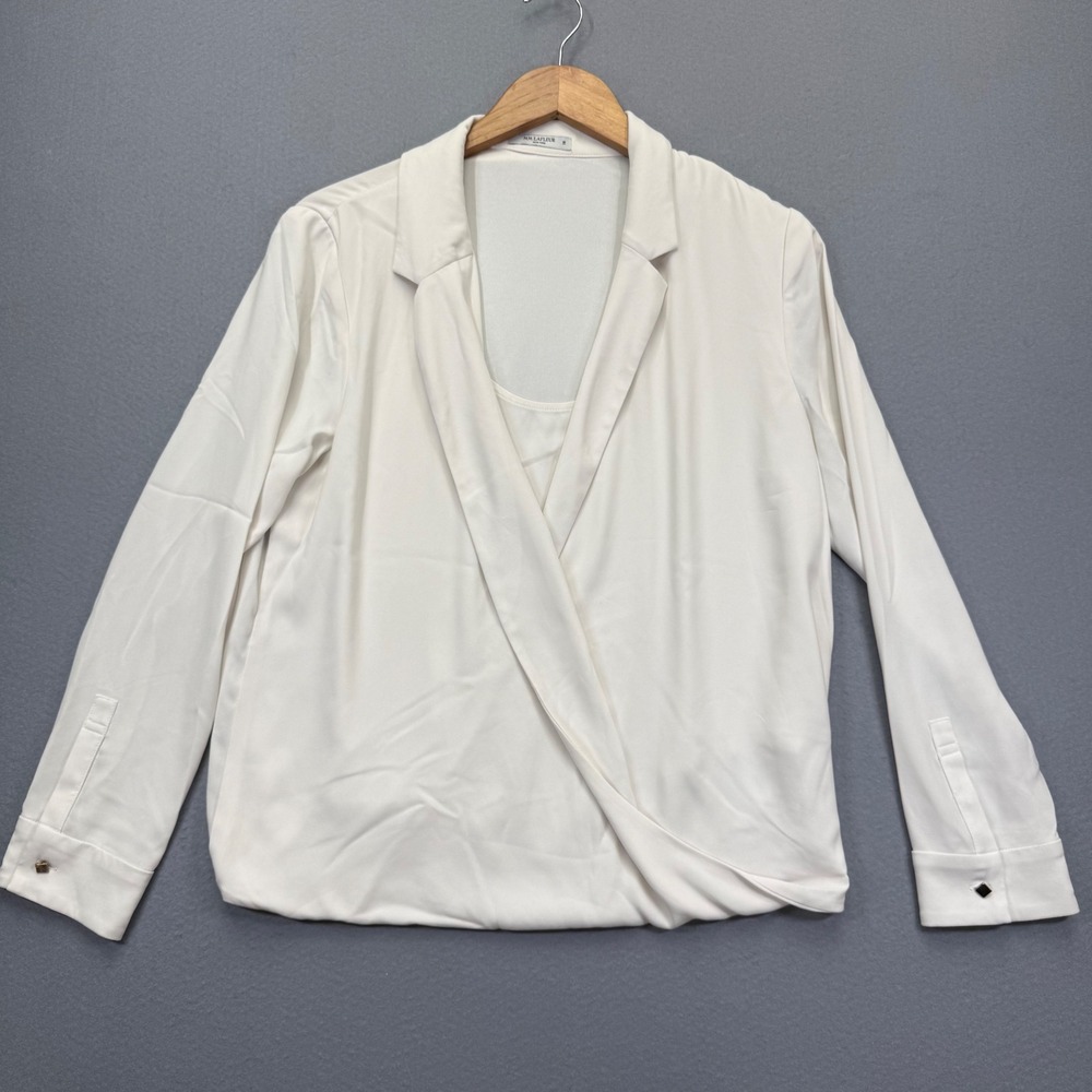 MM.LaFleur Ivory Wrap Front Blouse Notch Collar‎ Cuff Links Size M Womens